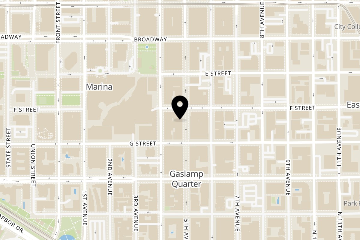 Map showing the location of Urban India on 750 Fifth Ave in San Diego